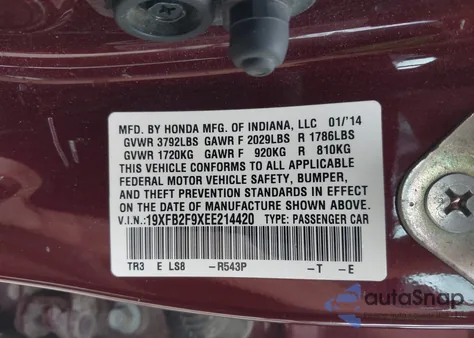 2014 Honda Civic Ex-L from USA, damaged, VIN 19XFB2F9XEE214420
